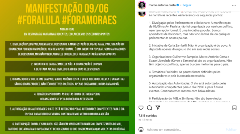 Marco Antônio Costa publica esclarecimentos sobre manifestação contra Lula do dia 9/6