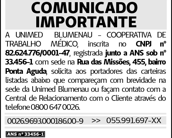 COMUNICADO IMPORTANTE: Unimed Blumenau – cooperativa de trabalho médico